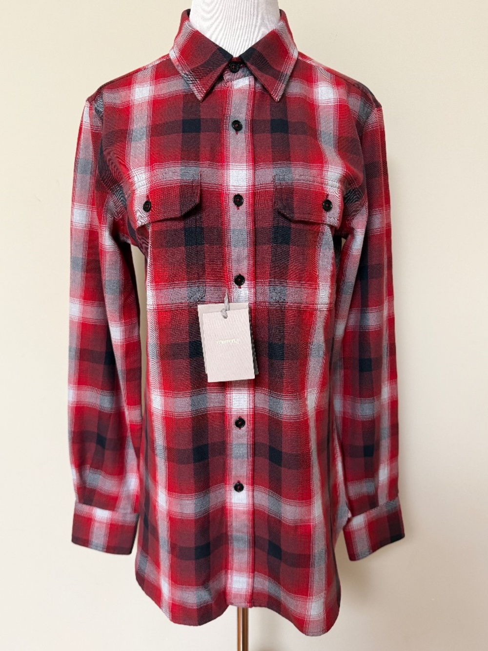 Tom Ford Red Checked Flannel Cotton Western Pocket Cowboy Button Down Shirt